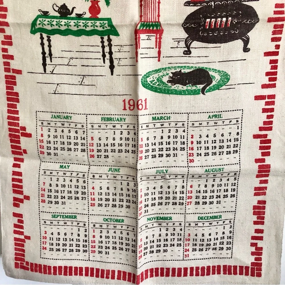 Vinage Linen Thanksgiving Theme Calendar  tea towel Wall Hanging 1961